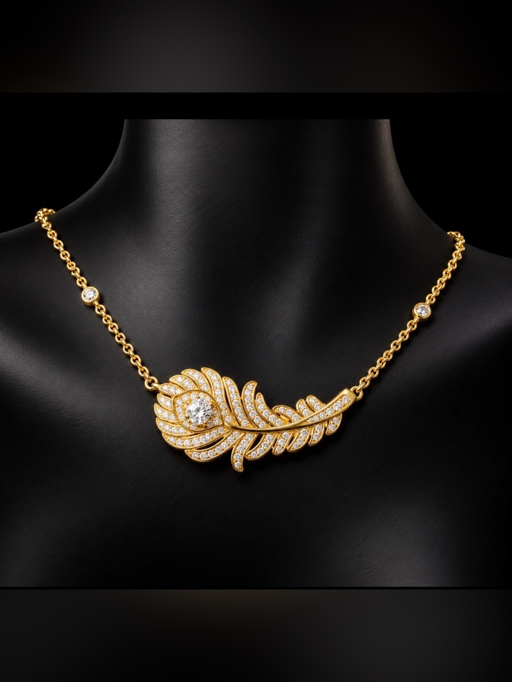 Gold Feather Pendant Necklace with Clear Crystals - Women Jewelry